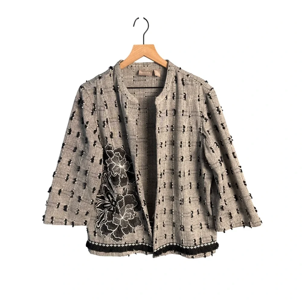 Chicos Textured Floral Embroidered Quiet Luxury Blazer Gray Boho Artsy SZ 3 XL
